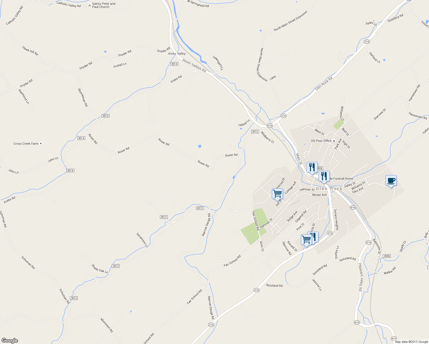 map of restaurants, bars, coffee shops, grocery stores, and more near 3574 Roser Rd in Glen Rock