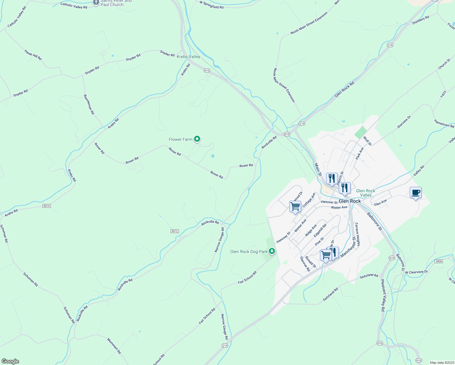 map of restaurants, bars, coffee shops, grocery stores, and more near 3574 Roser Rd in Glen Rock
