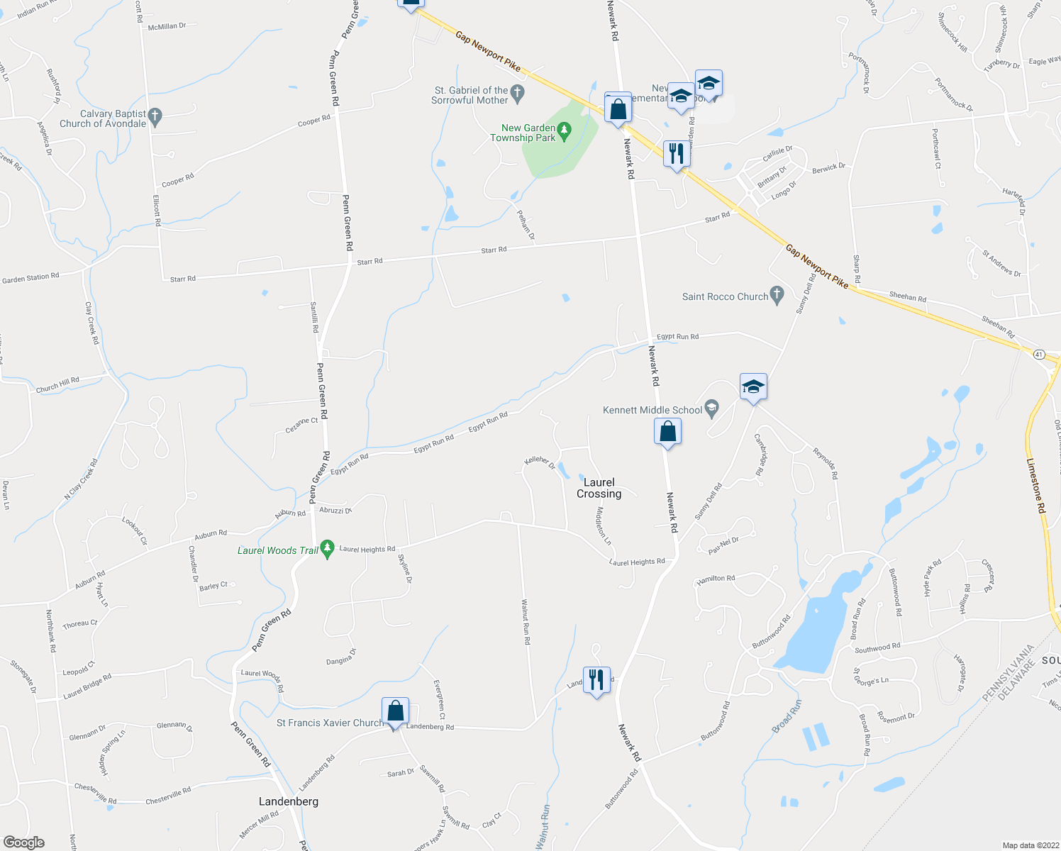 map of restaurants, bars, coffee shops, grocery stores, and more near 384 Egypt Run Road in Landenberg