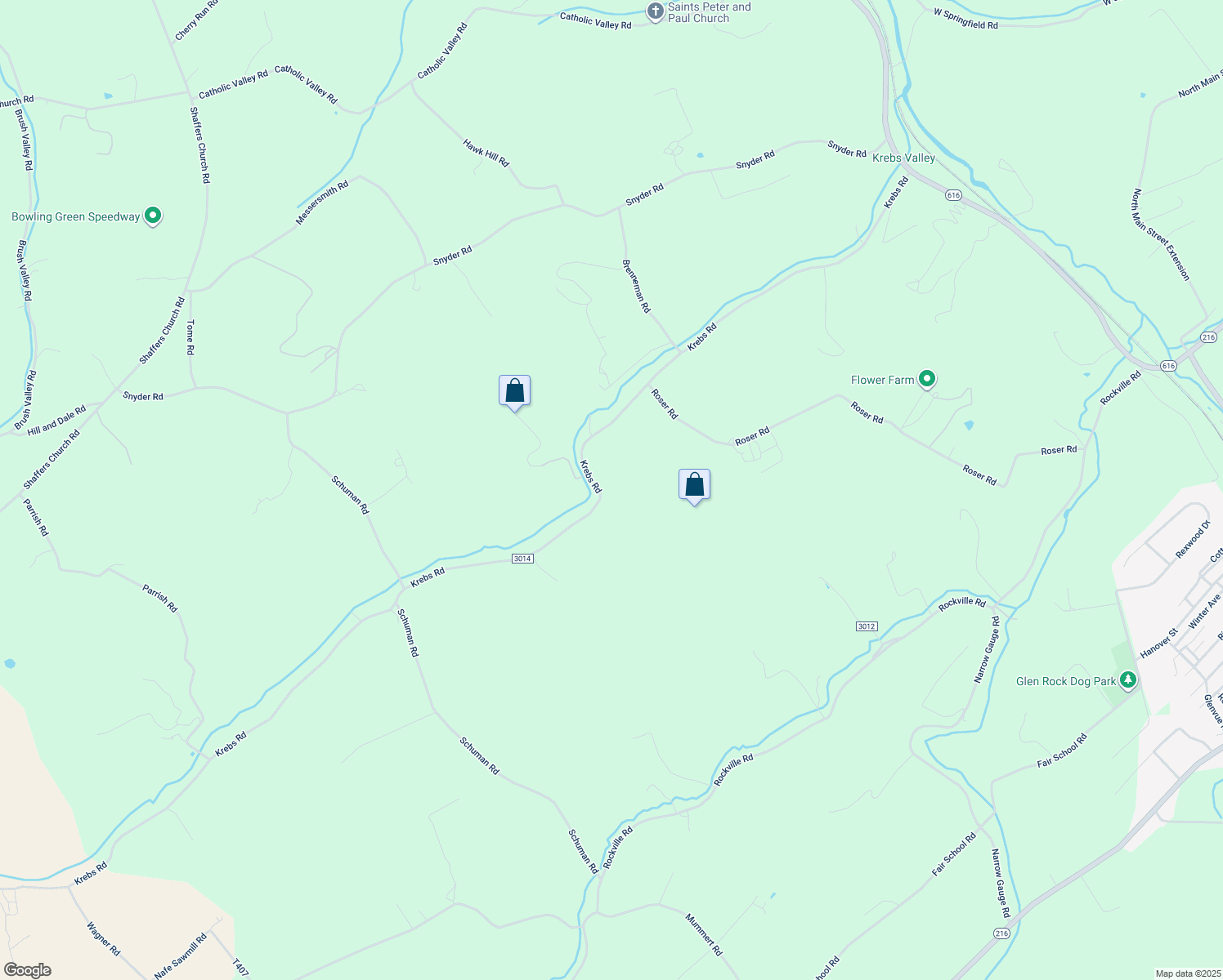 map of restaurants, bars, coffee shops, grocery stores, and more near 3940 Krebs Road in Glen Rock