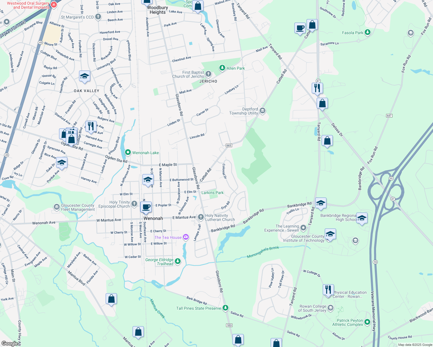 map of restaurants, bars, coffee shops, grocery stores, and more near 305 Fairfax Ct in Wenonah