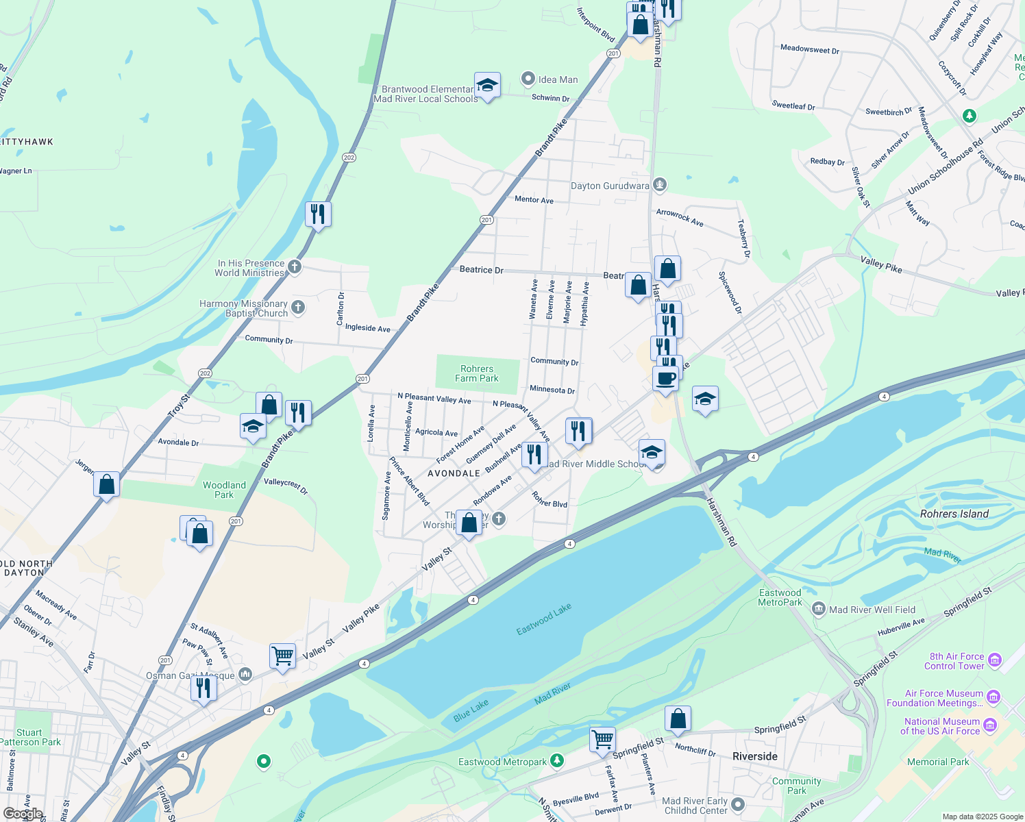 map of restaurants, bars, coffee shops, grocery stores, and more near 2544 Forest Home Ave in Dayton