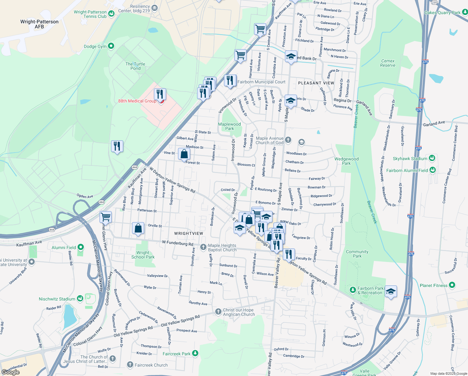 map of restaurants, bars, coffee shops, grocery stores, and more near 113 Cozad Dr in Fairborn