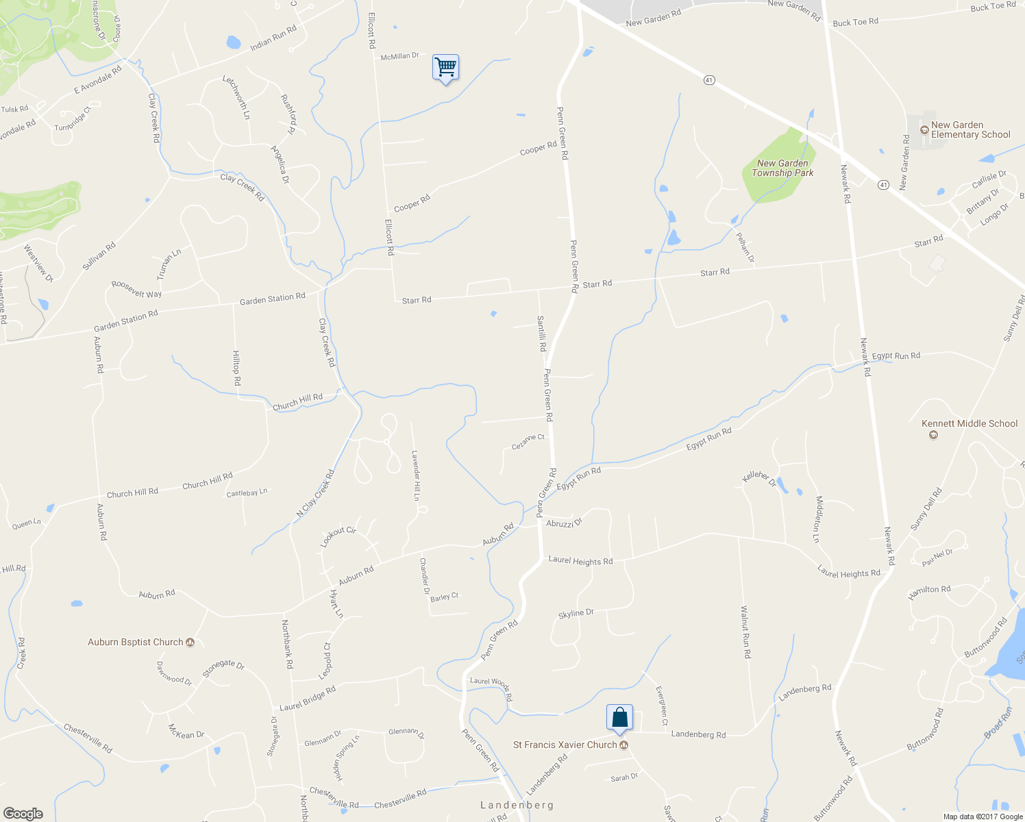 map of restaurants, bars, coffee shops, grocery stores, and more near 630 Penn Green Road in Landenberg