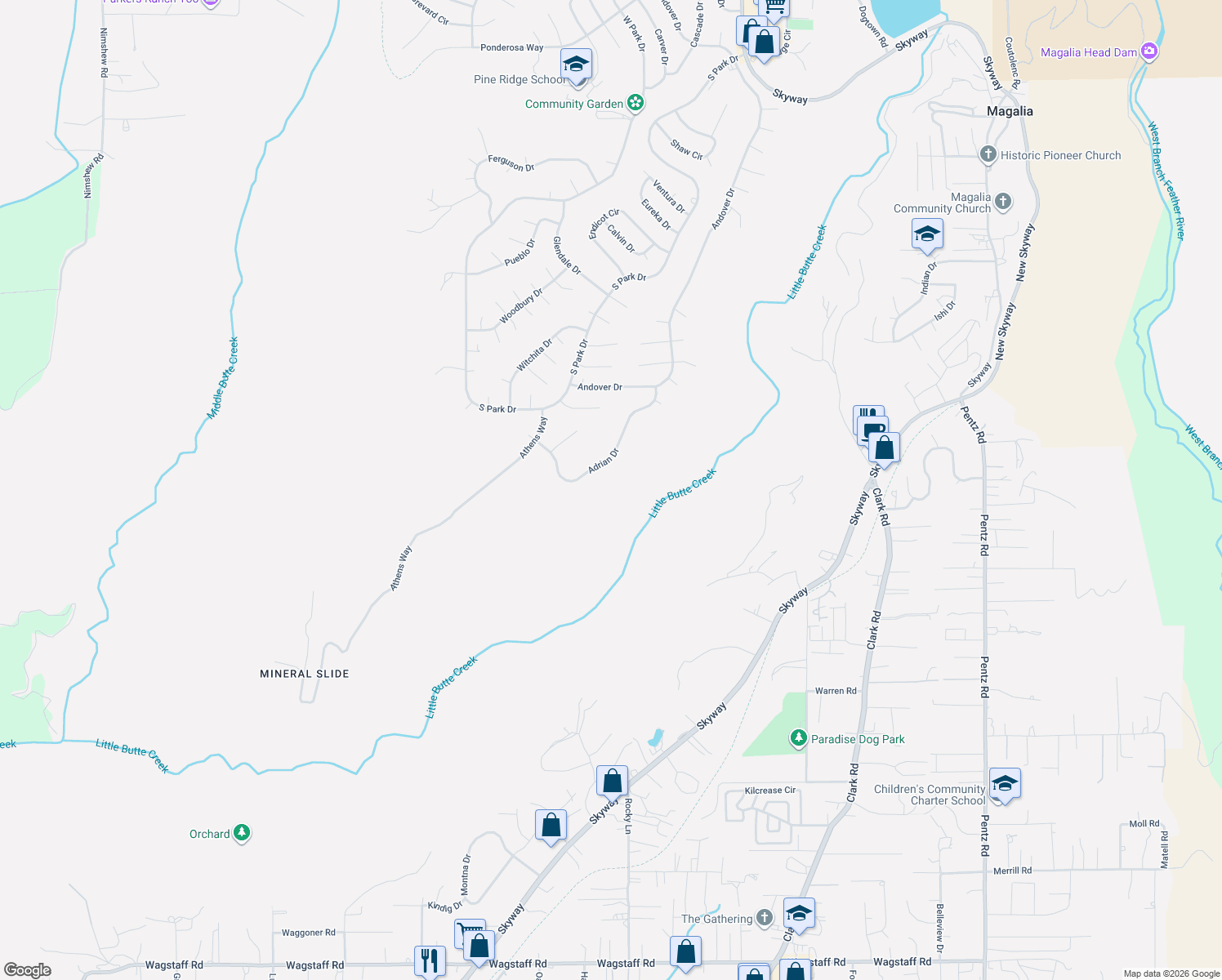 map of restaurants, bars, coffee shops, grocery stores, and more near 13440 Adrian Drive in Magalia