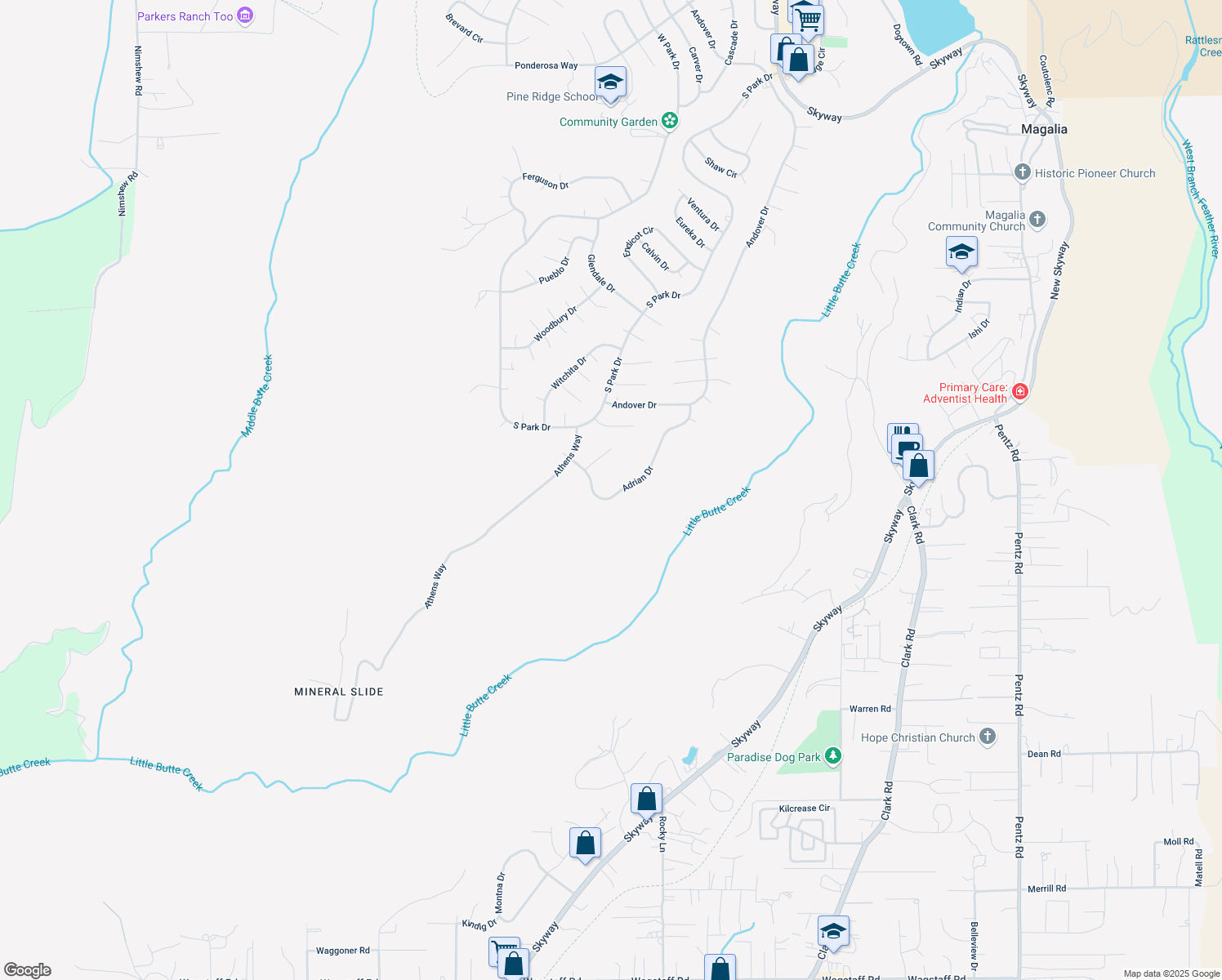 map of restaurants, bars, coffee shops, grocery stores, and more near 13421 Adrian Drive in Magalia