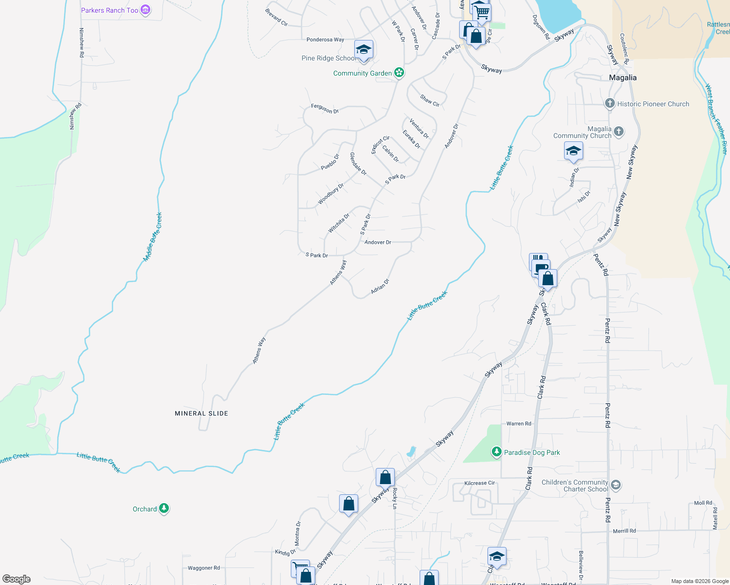 map of restaurants, bars, coffee shops, grocery stores, and more near 13421 Adrian Drive in Magalia