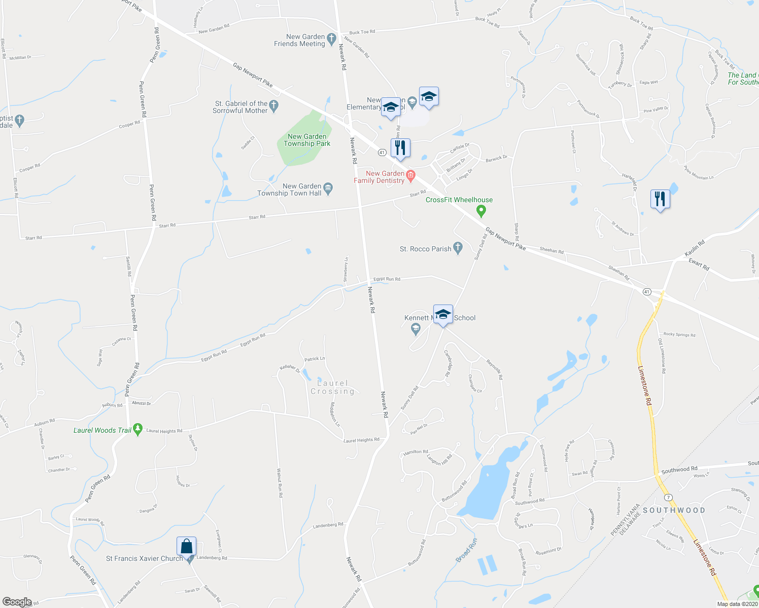 map of restaurants, bars, coffee shops, grocery stores, and more near 554 Newark Road in Landenberg