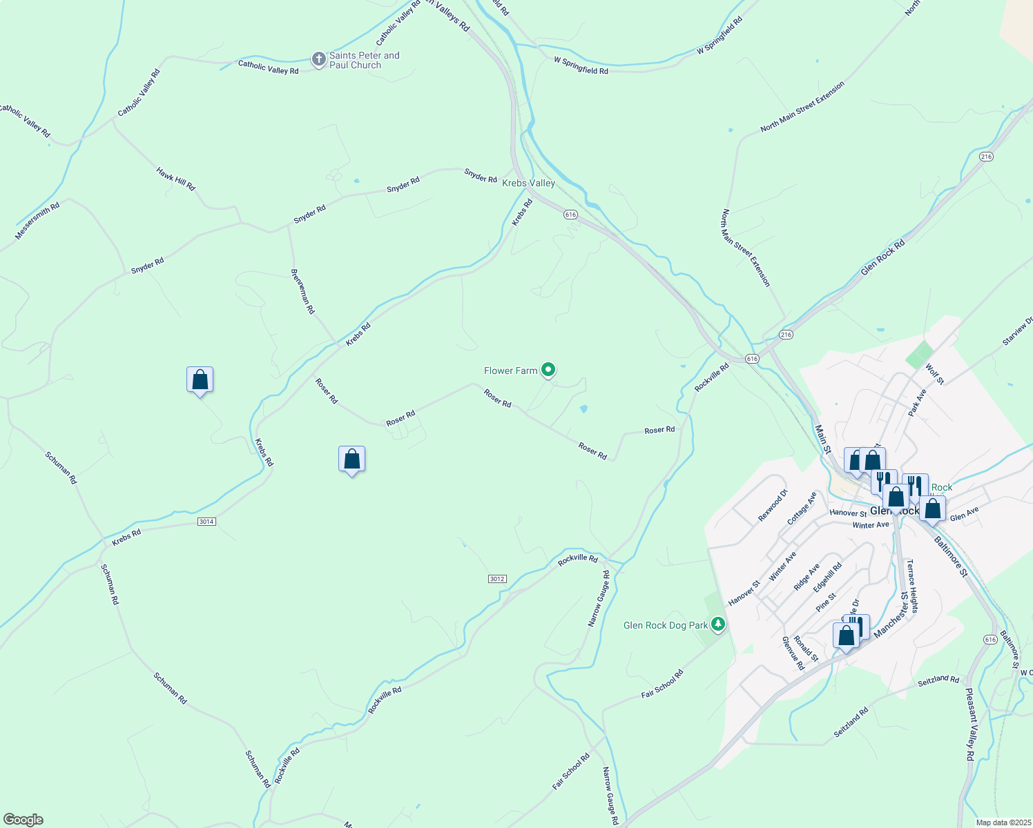 map of restaurants, bars, coffee shops, grocery stores, and more near 3668 Roser Road in Glen Rock