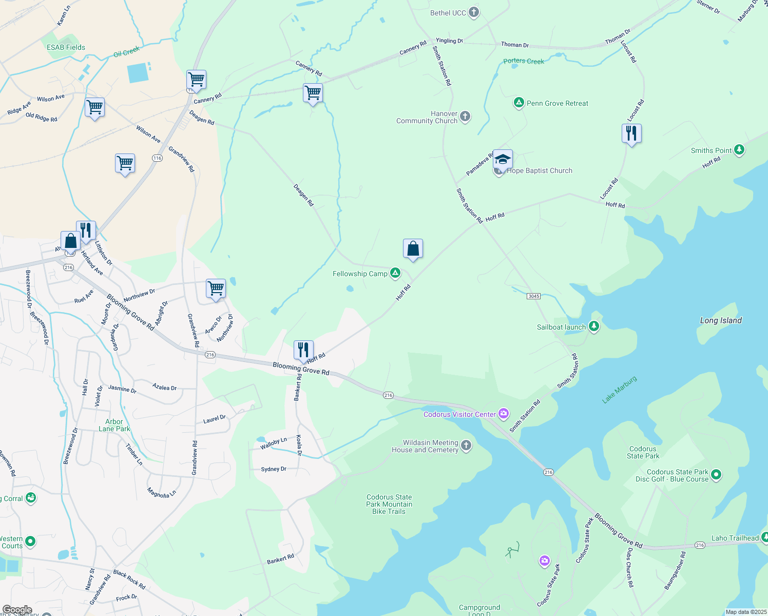 map of restaurants, bars, coffee shops, grocery stores, and more near 1222 Hoff Rd in Hanover