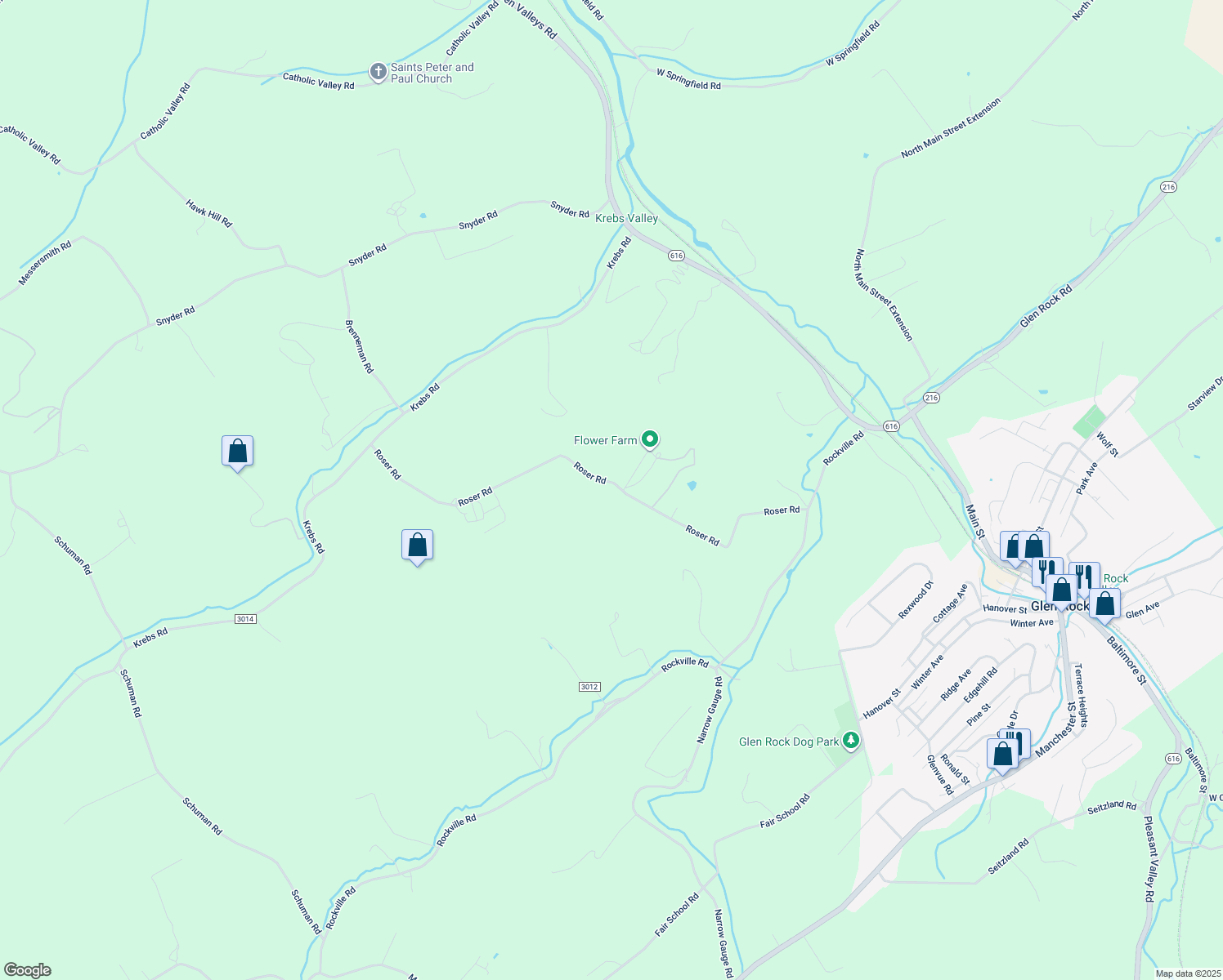 map of restaurants, bars, coffee shops, grocery stores, and more near 3668 Roser Road in Glen Rock