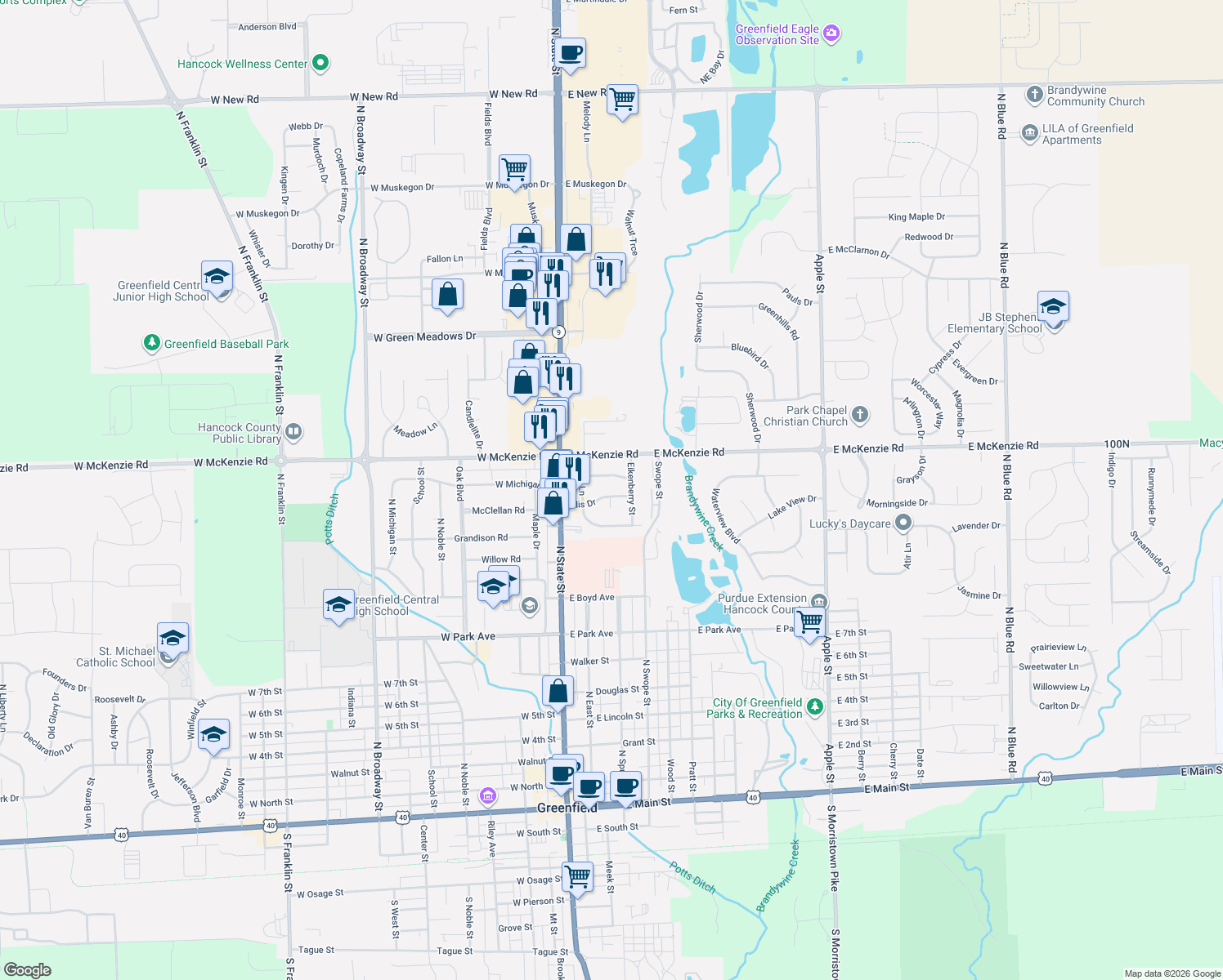 map of restaurants, bars, coffee shops, grocery stores, and more near 202 Ellis Drive in Greenfield