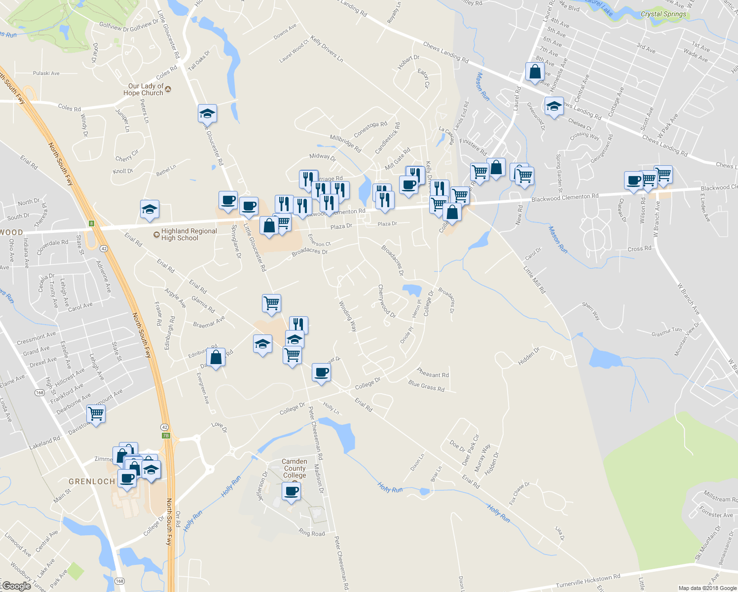 map of restaurants, bars, coffee shops, grocery stores, and more near 1818 Edgewood Place in Laurel Springs