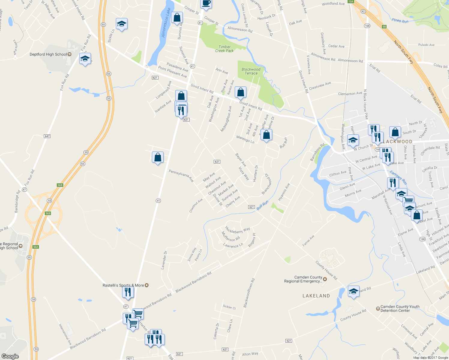 map of restaurants, bars, coffee shops, grocery stores, and more near 817 Chestnut Avenue in Deptford Township