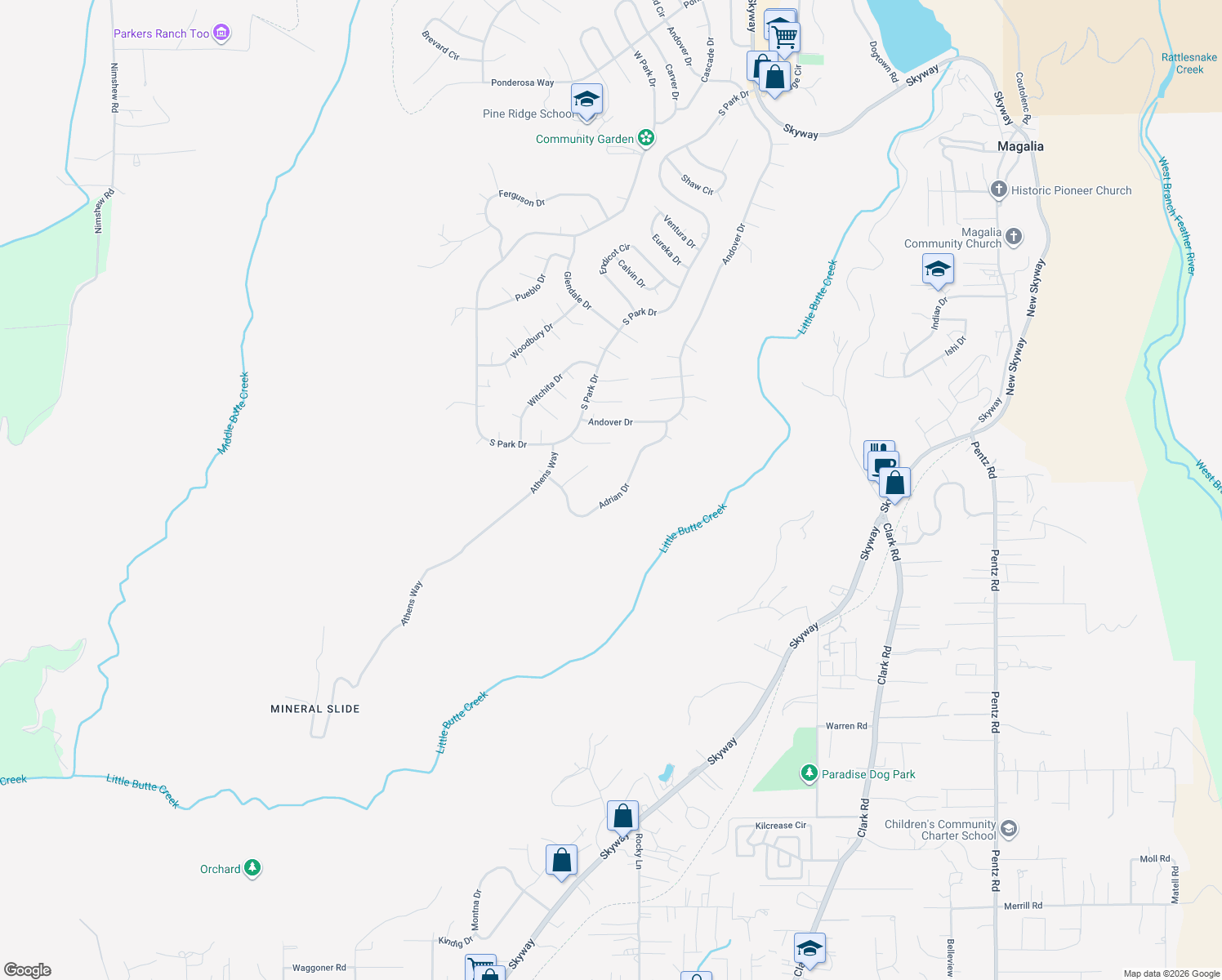 map of restaurants, bars, coffee shops, grocery stores, and more near 13451 Adrian Drive in Magalia