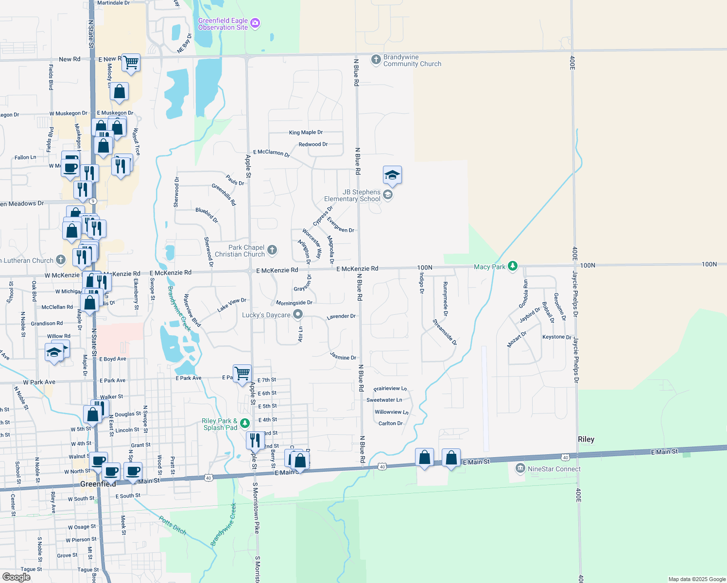 map of restaurants, bars, coffee shops, grocery stores, and more near 1087 N Blue Rd in Greenfield