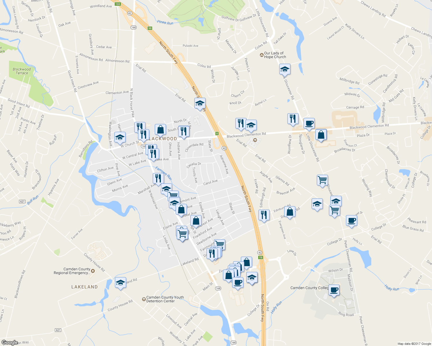 map of restaurants, bars, coffee shops, grocery stores, and more near 127 Jerome Avenue in Gloucester Township