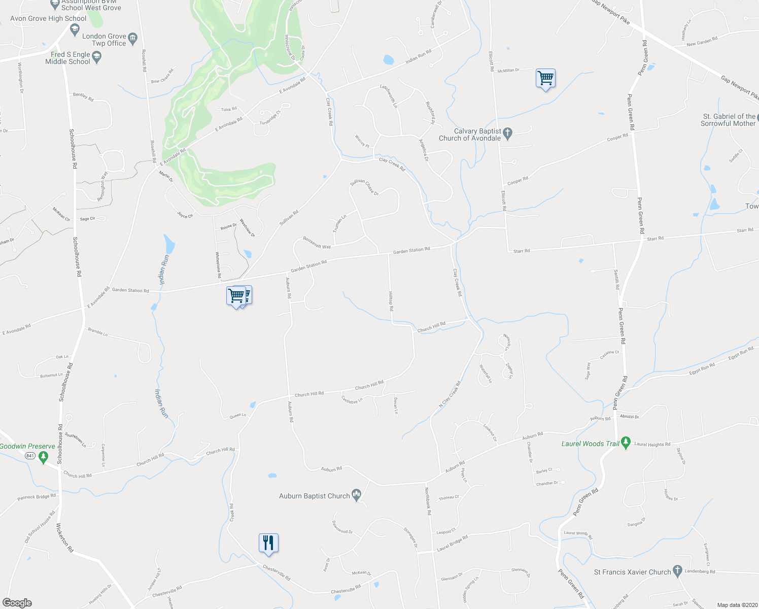 map of restaurants, bars, coffee shops, grocery stores, and more near 180 Hilltop Road in Avondale