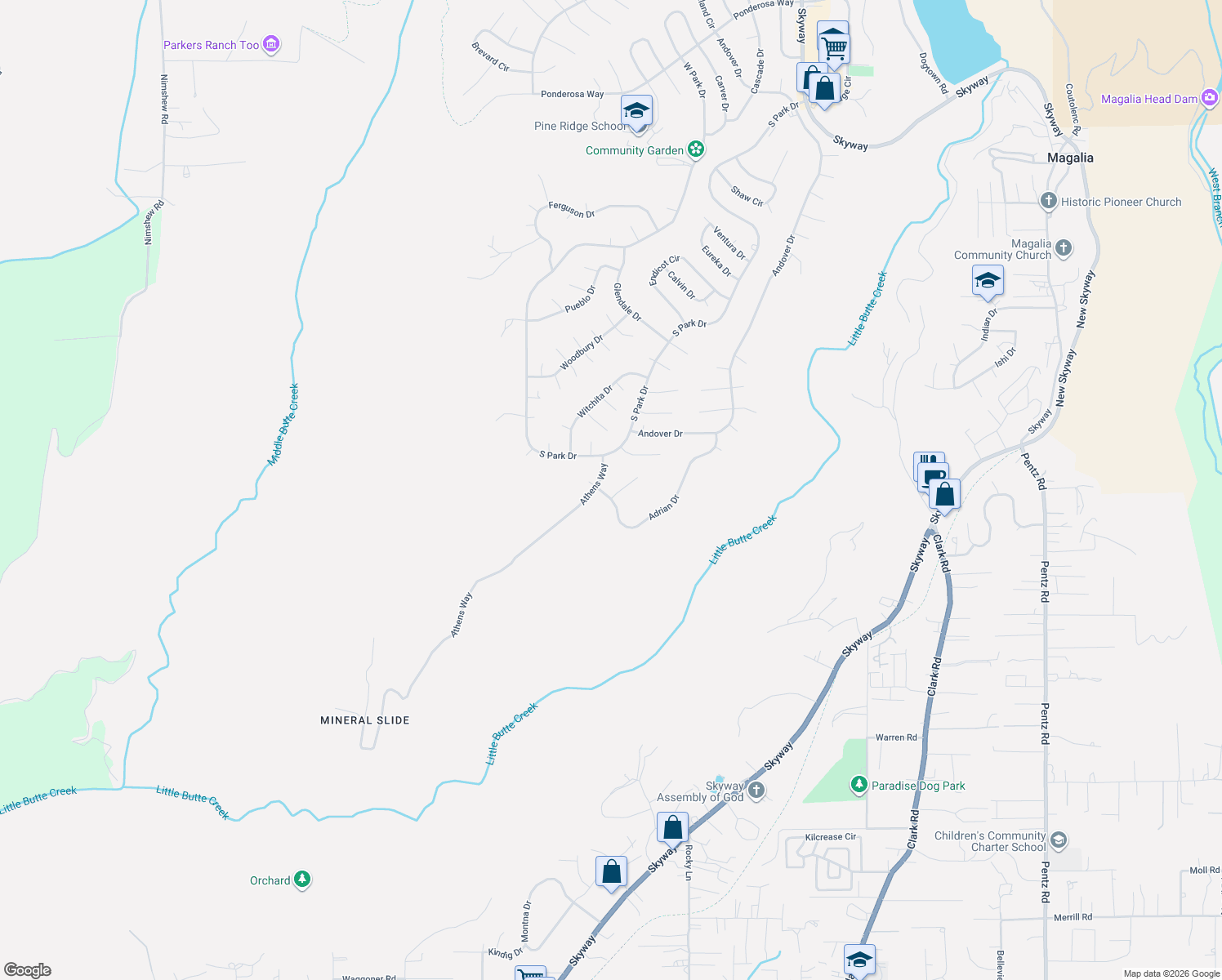 map of restaurants, bars, coffee shops, grocery stores, and more near 13458 Achilles Court in Magalia