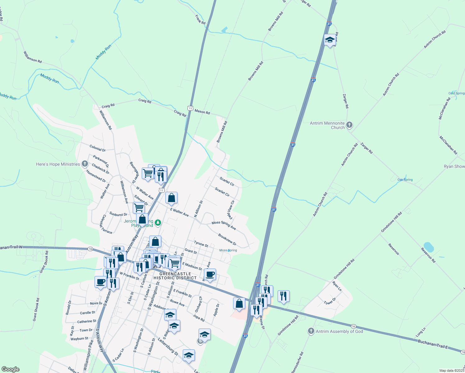 map of restaurants, bars, coffee shops, grocery stores, and more near 276 Scarlet Circle in Greencastle