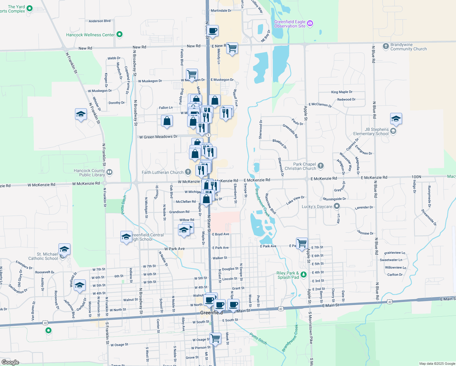 map of restaurants, bars, coffee shops, grocery stores, and more near 209 East McKenzie Road in Greenfield