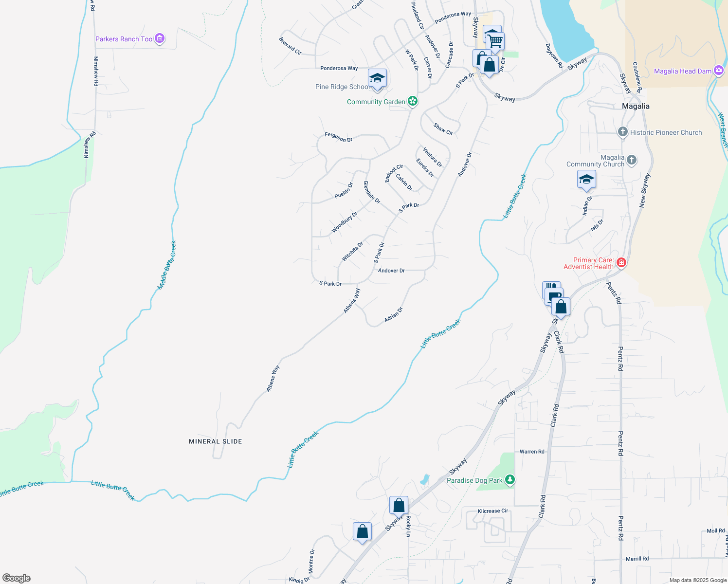 map of restaurants, bars, coffee shops, grocery stores, and more near 13480 Athens Way in Magalia