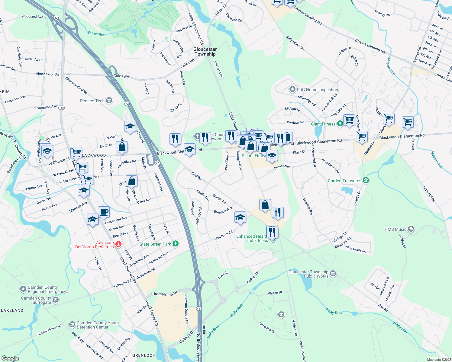 map of restaurants, bars, coffee shops, grocery stores, and more near 50 Springlane Drive in Gloucester Township