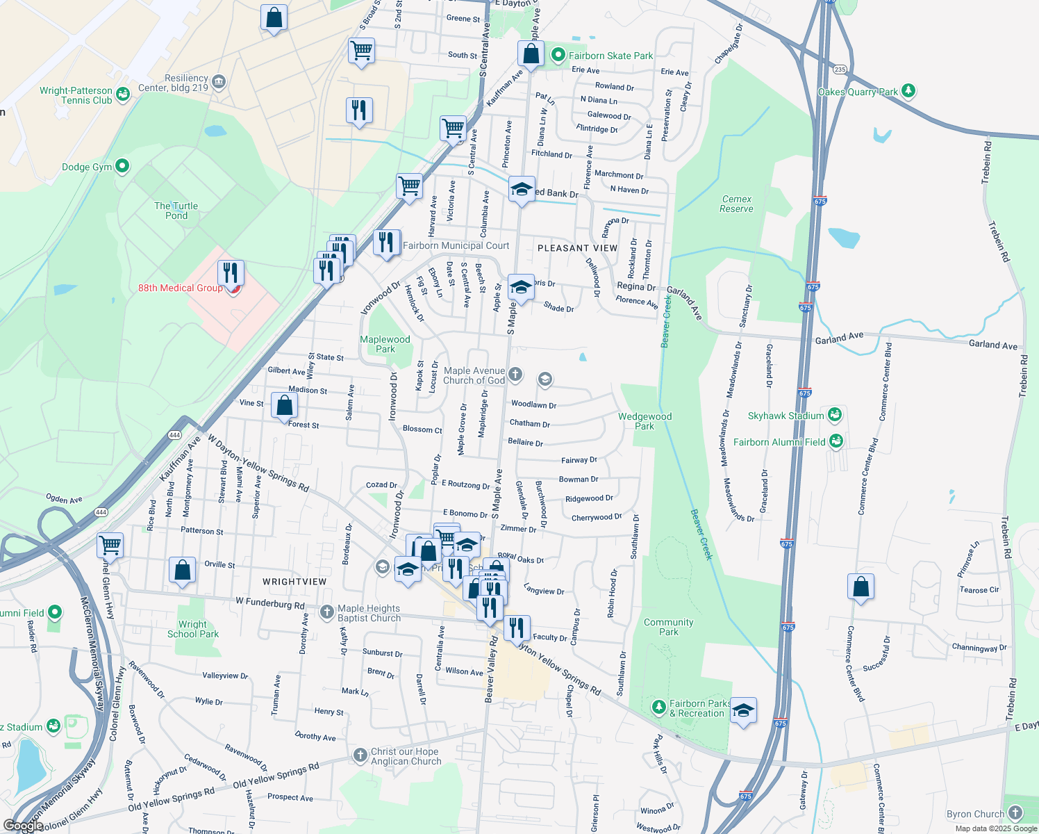 map of restaurants, bars, coffee shops, grocery stores, and more near 225 Chatham Drive in Fairborn