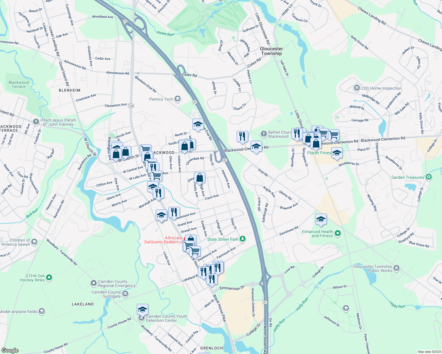 map of restaurants, bars, coffee shops, grocery stores, and more near 115 State Street in Camden County