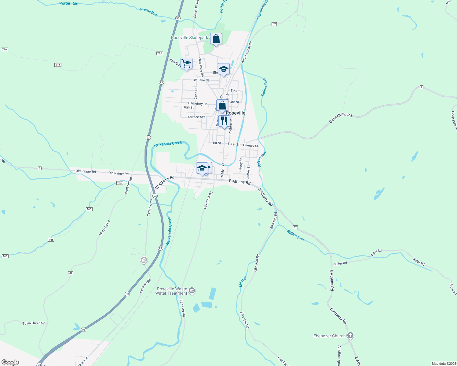map of restaurants, bars, coffee shops, grocery stores, and more near 35 East Athens Road in Roseville