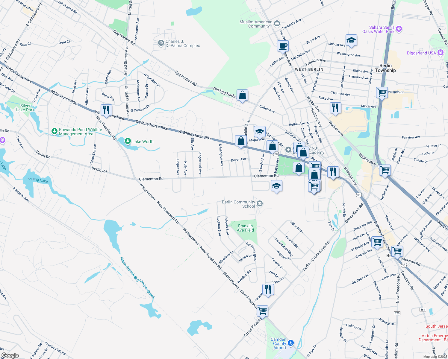 map of restaurants, bars, coffee shops, grocery stores, and more near 183 Clementon Road in Berlin