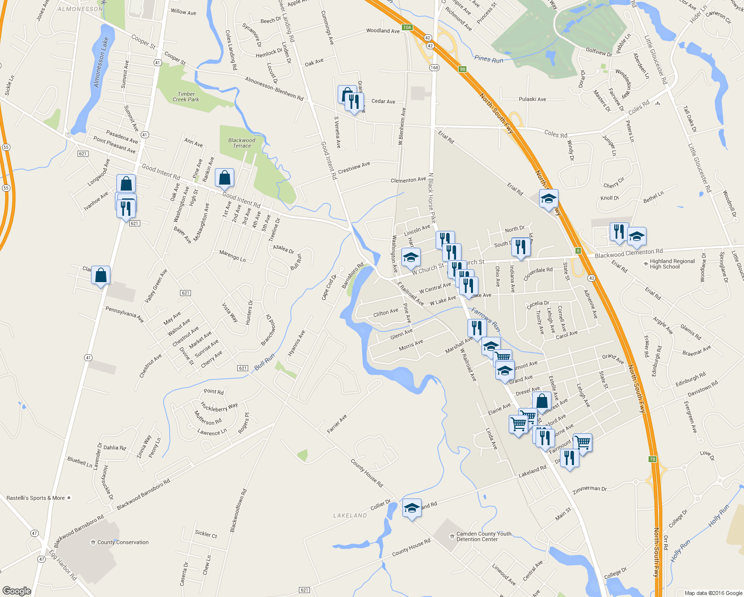 map of restaurants, bars, coffee shops, grocery stores, and more near 253 West Central Avenue in Blackwood