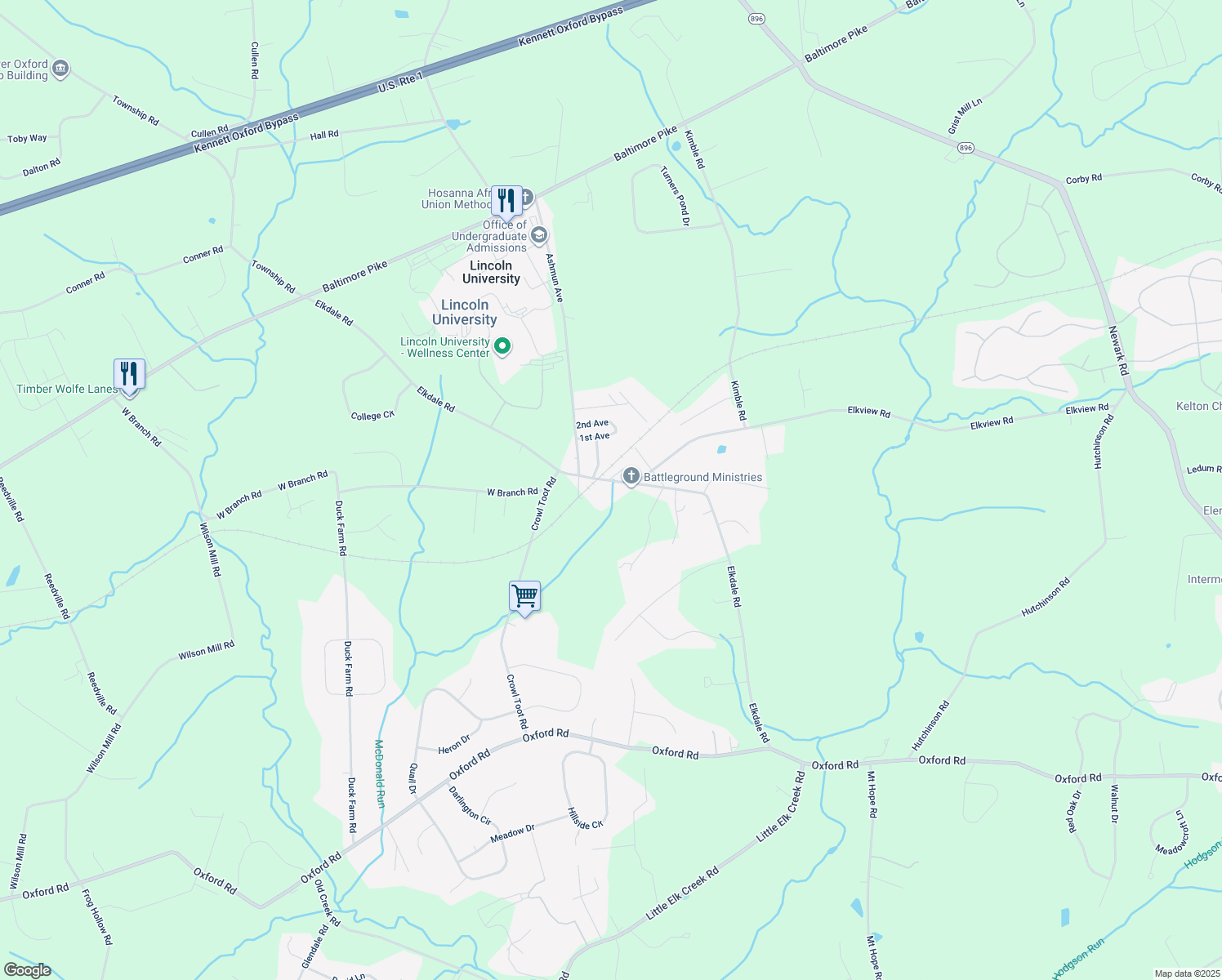 map of restaurants, bars, coffee shops, grocery stores, and more near 314 Elkdale Road in Lincoln University