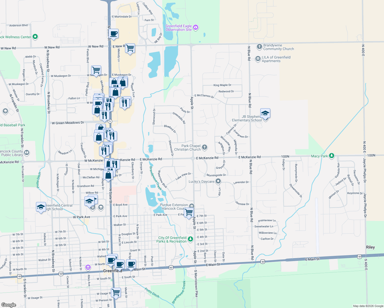 map of restaurants, bars, coffee shops, grocery stores, and more near 1222 Apple Street in Greenfield