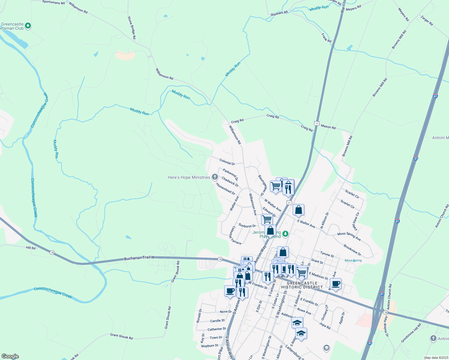 map of restaurants, bars, coffee shops, grocery stores, and more near 68 Chadwick Drive in Greencastle