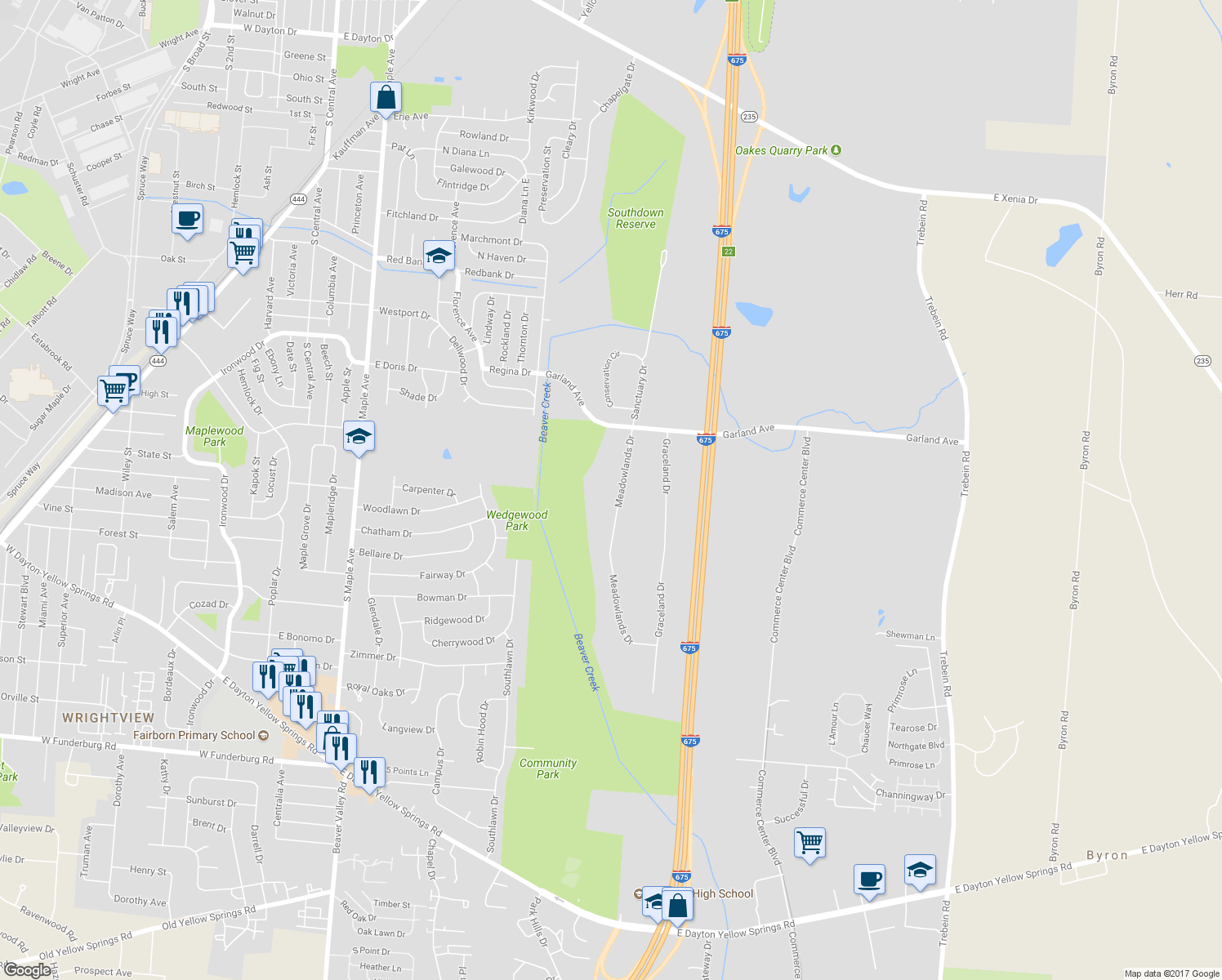 map of restaurants, bars, coffee shops, grocery stores, and more near 1357 Meadowlands Drive in Fairborn