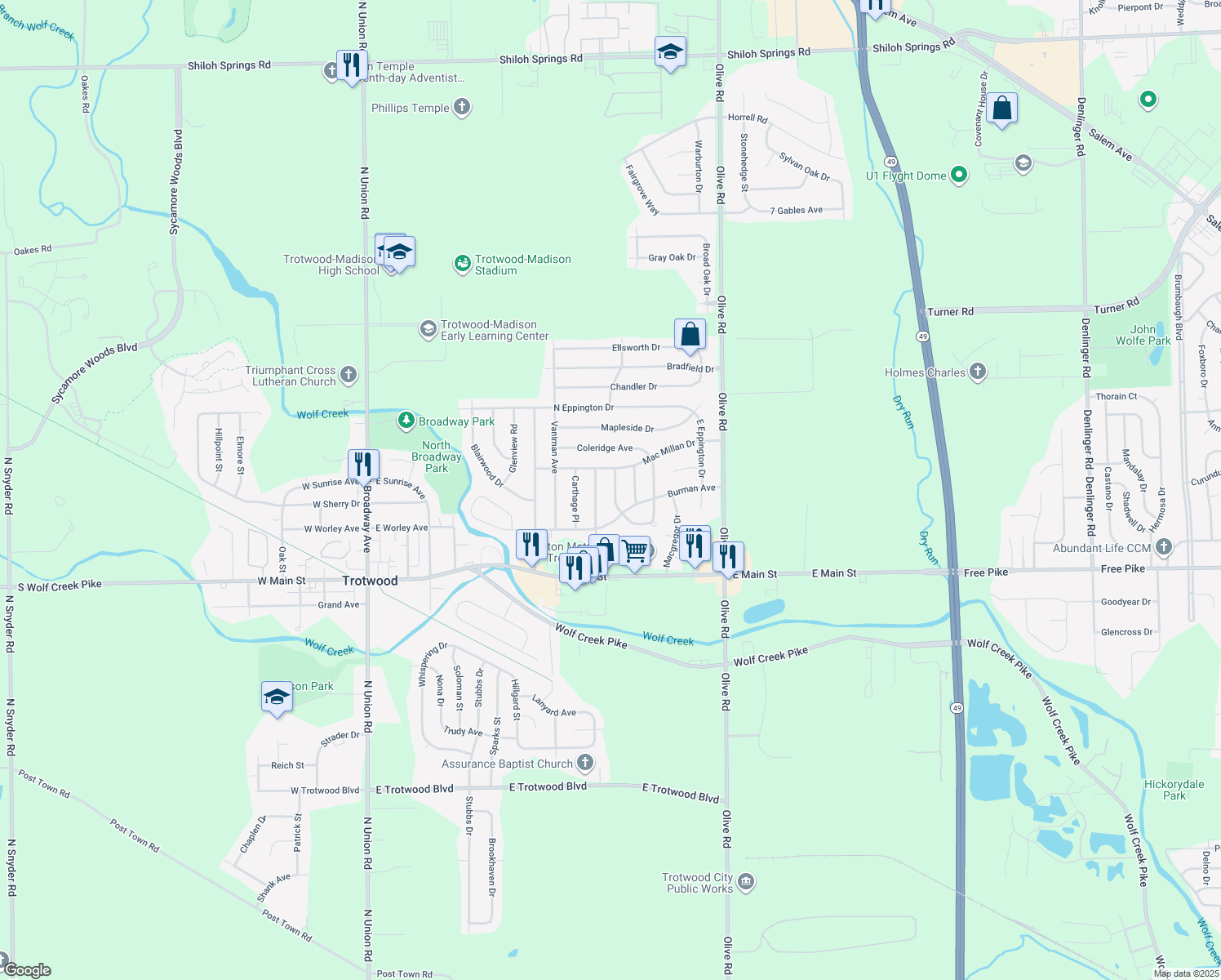 map of restaurants, bars, coffee shops, grocery stores, and more near 315 Huntsford Place in Trotwood