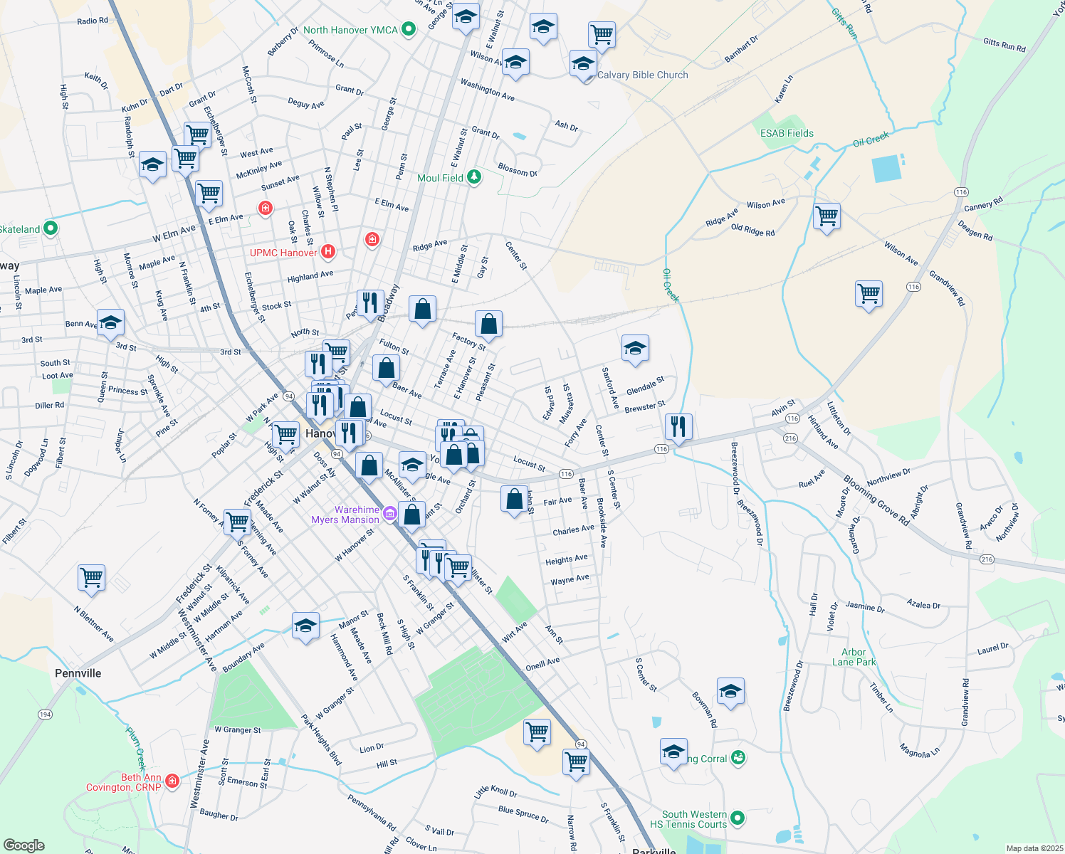 map of restaurants, bars, coffee shops, grocery stores, and more near 631 Fulton Street in Hanover