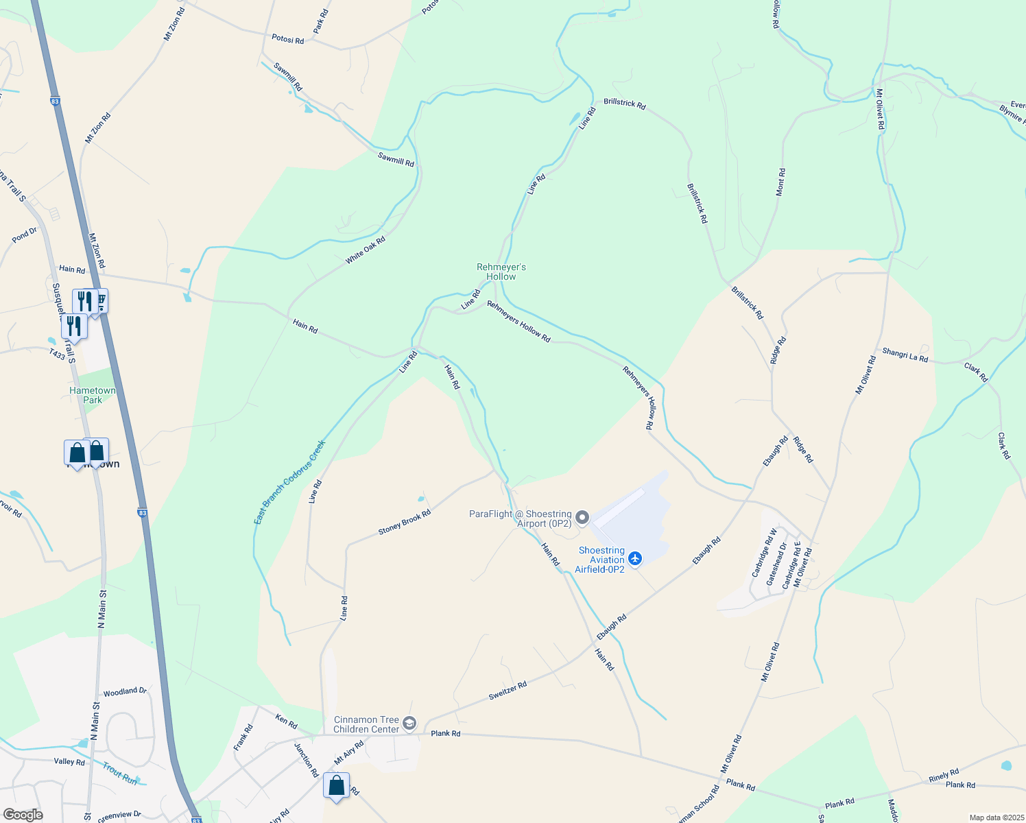 map of restaurants, bars, coffee shops, grocery stores, and more near 1531 Hain Road in New Freedom