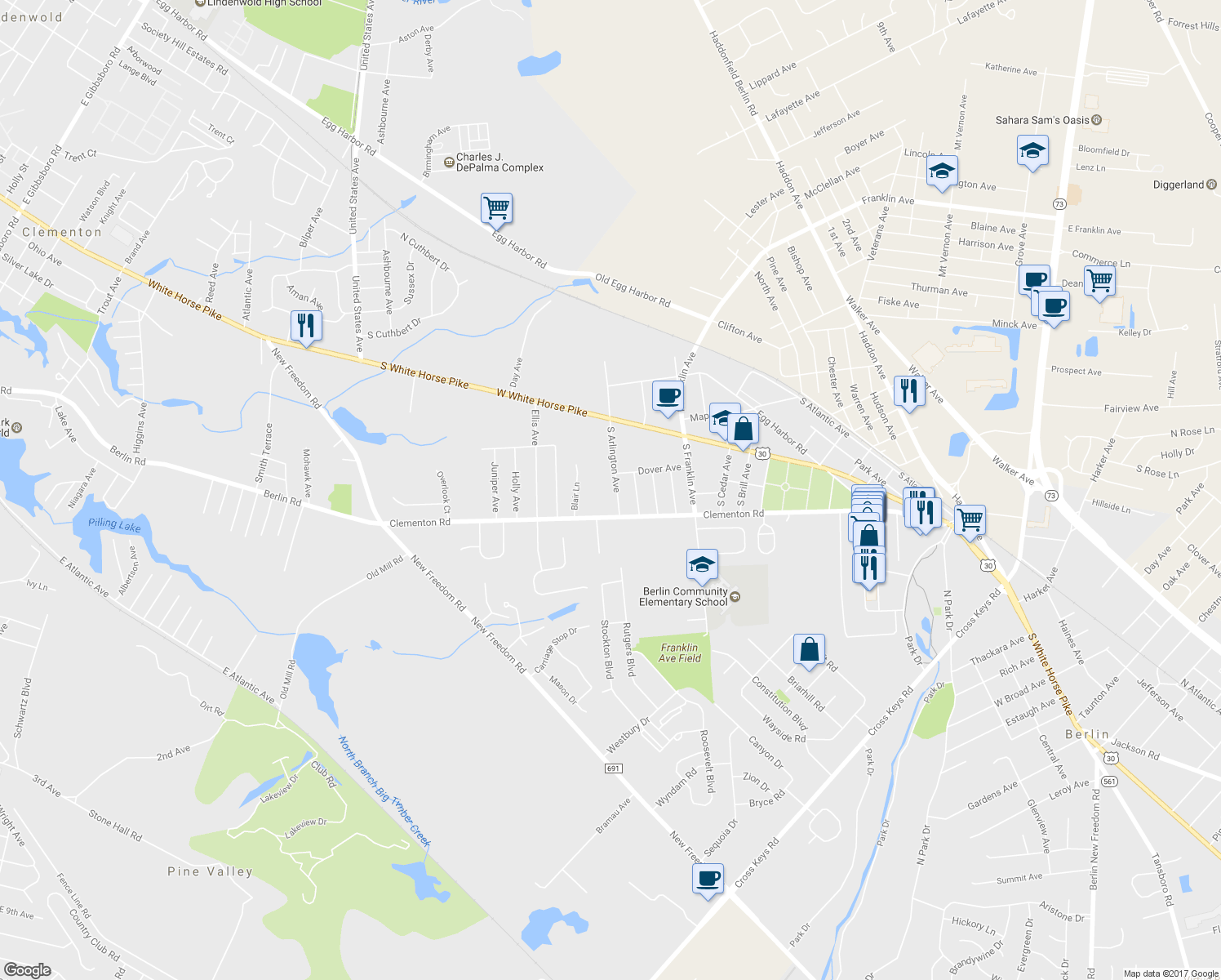 map of restaurants, bars, coffee shops, grocery stores, and more near 36 South Arlington Avenue in Berlin