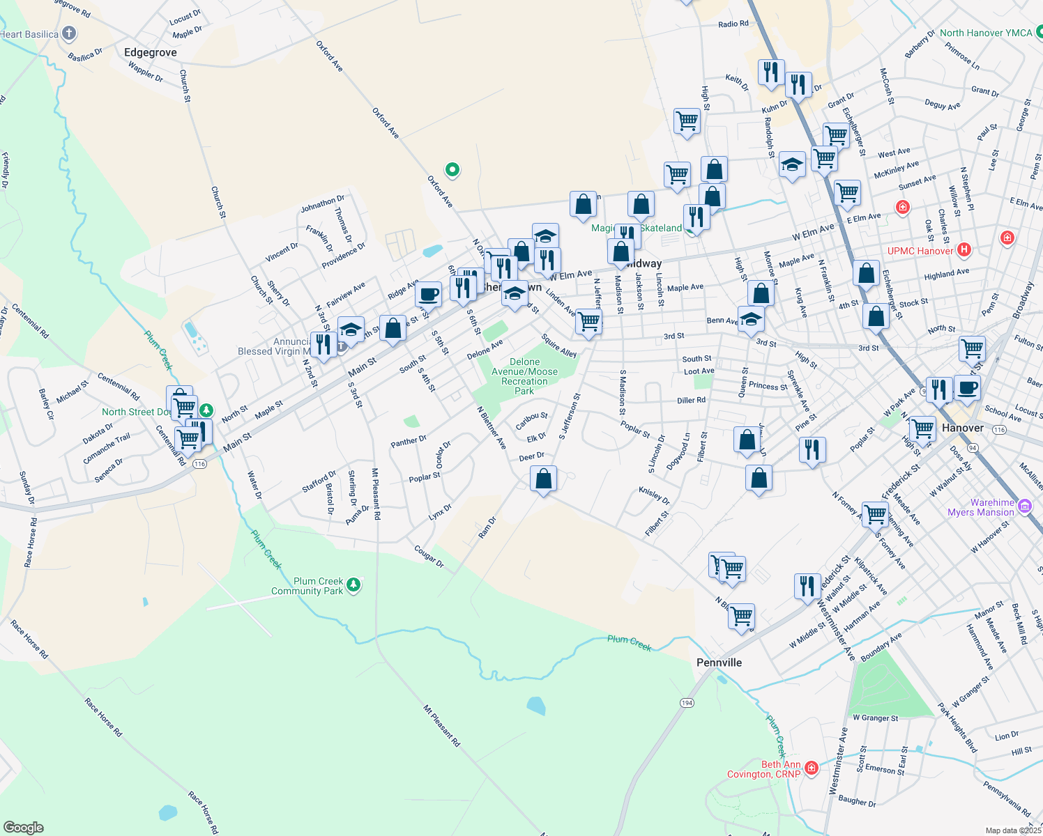 map of restaurants, bars, coffee shops, grocery stores, and more near 14 Caribou Street in Hanover