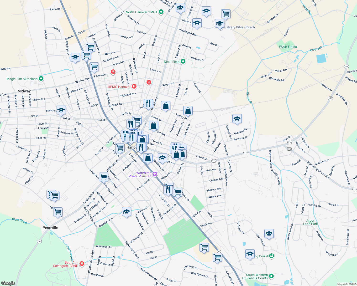map of restaurants, bars, coffee shops, grocery stores, and more near 313 Baer Avenue in Hanover