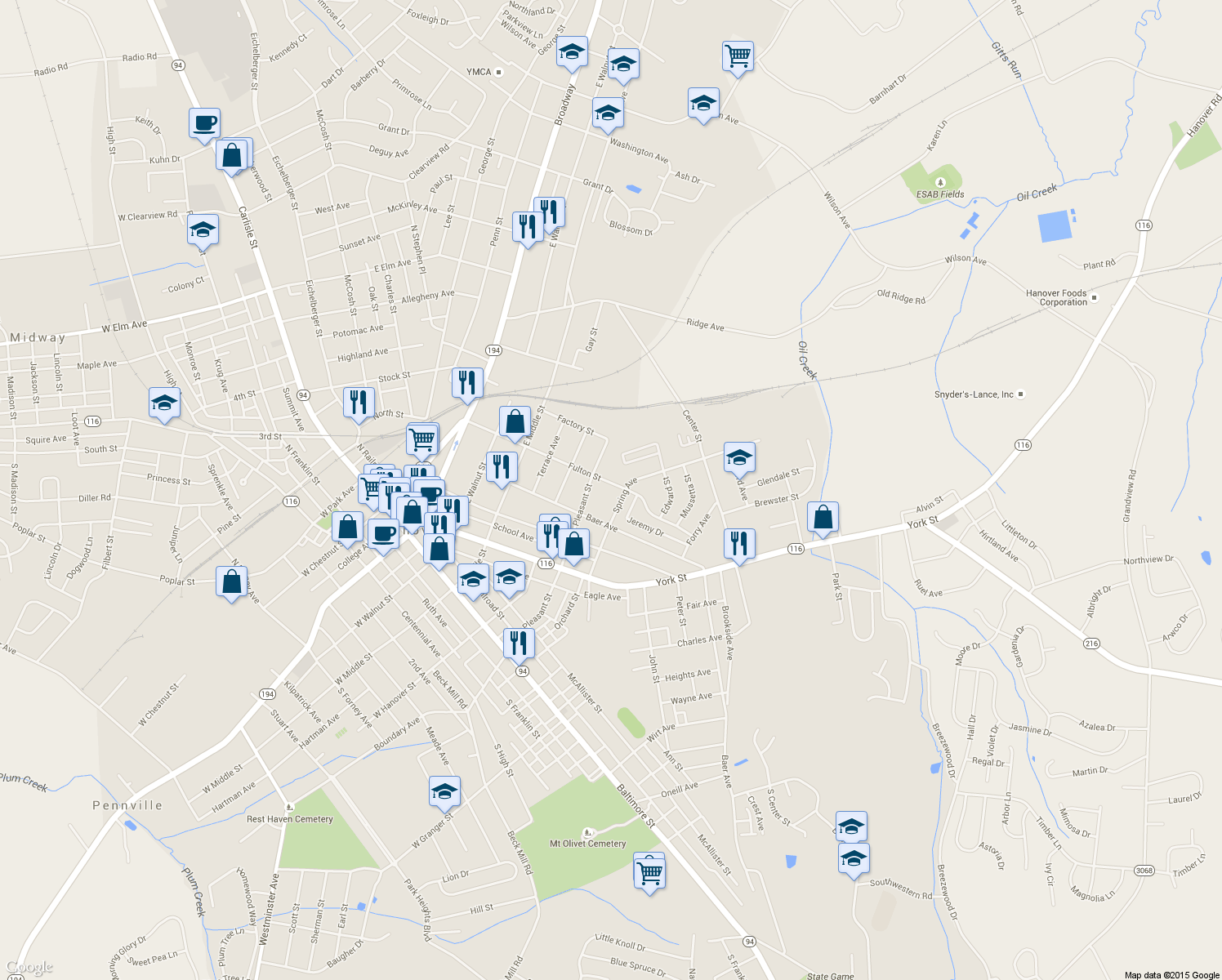 map of restaurants, bars, coffee shops, grocery stores, and more near 527 Fulton St in Hanover