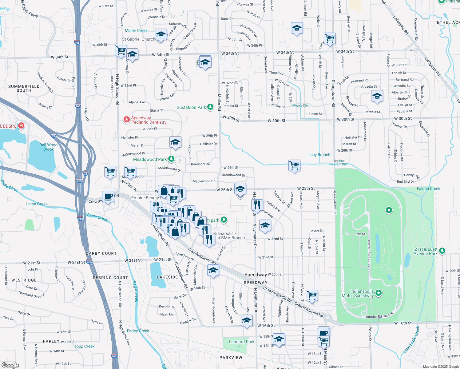 map of restaurants, bars, coffee shops, grocery stores, and more near 5419 Maplewood Dr in Speedway