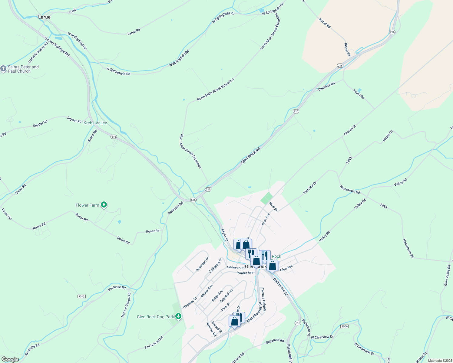 map of restaurants, bars, coffee shops, grocery stores, and more near 11031 Centerville Ln in Glen Rock