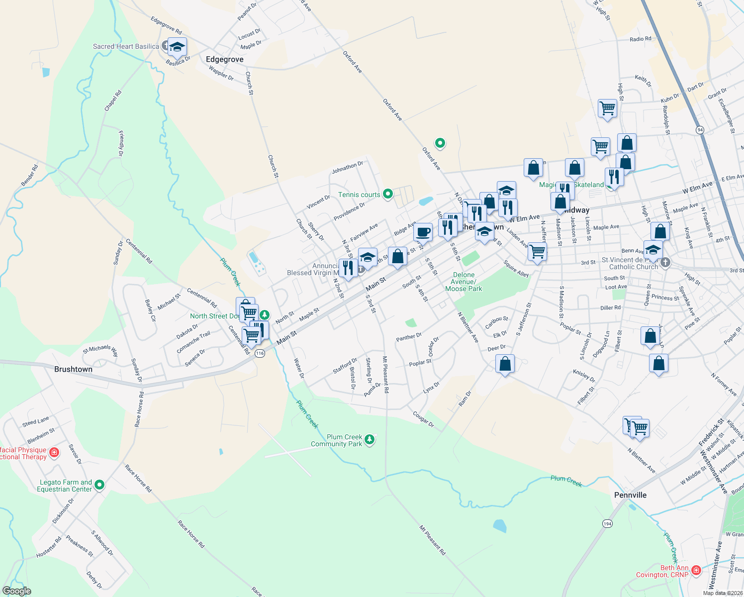 map of restaurants, bars, coffee shops, grocery stores, and more near 15 South 3rd Street in McSherrystown