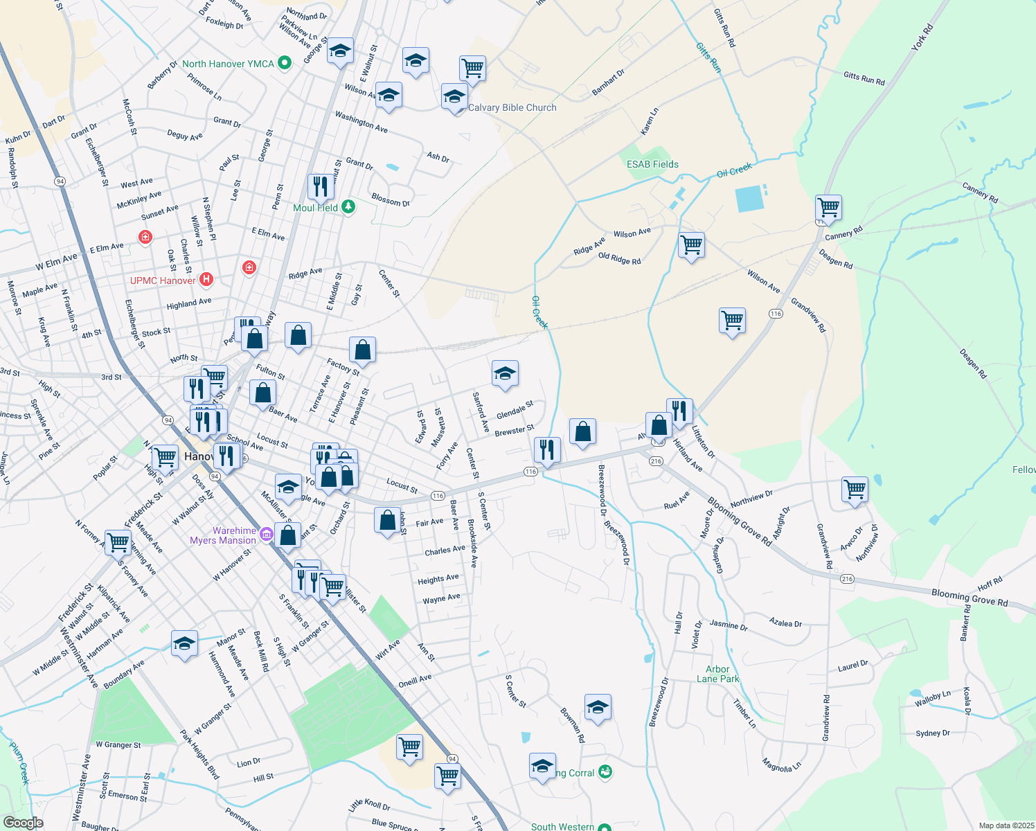 map of restaurants, bars, coffee shops, grocery stores, and more near 150 Mumma Ave in Hanover