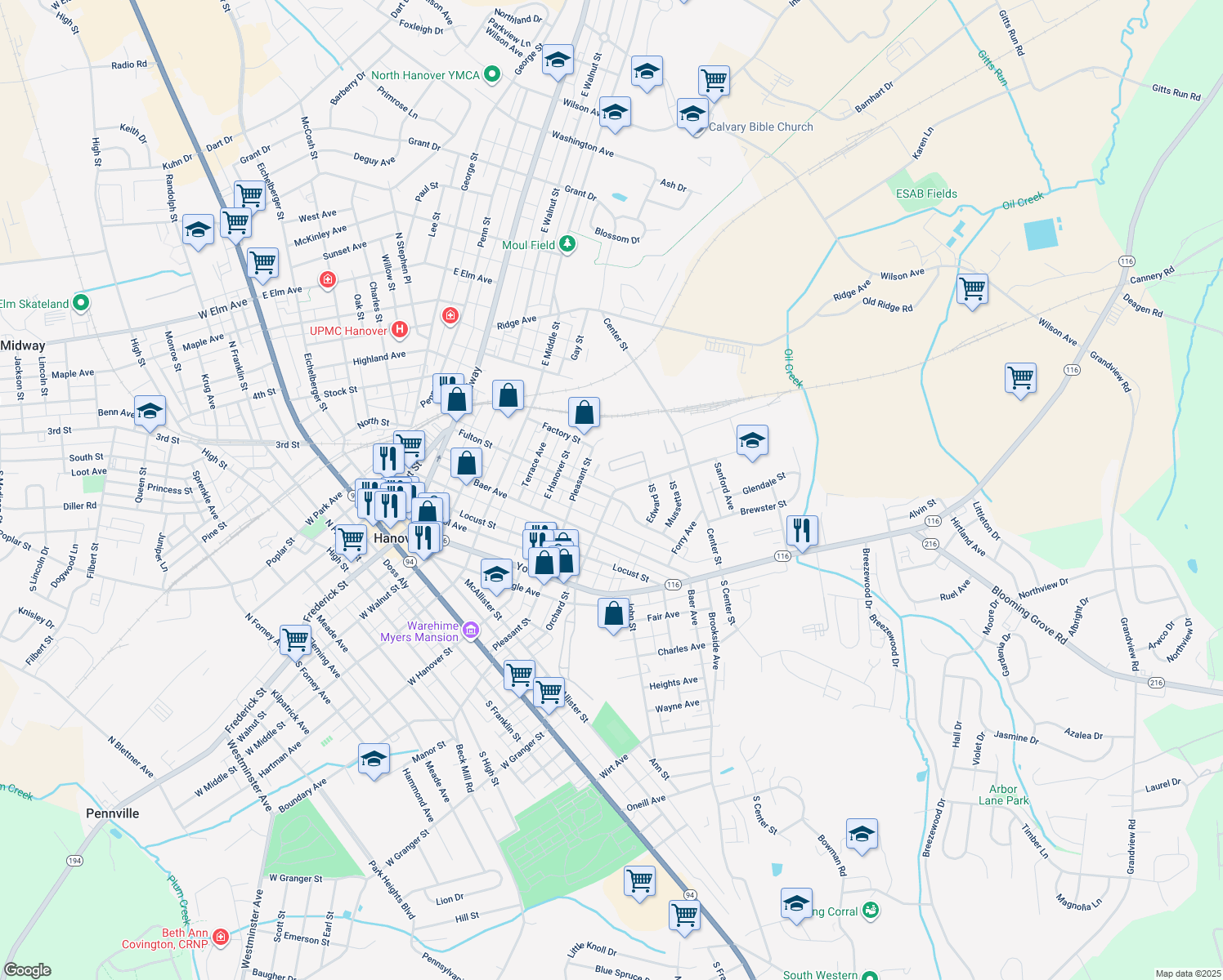 map of restaurants, bars, coffee shops, grocery stores, and more near 572 Spring Avenue in Hanover
