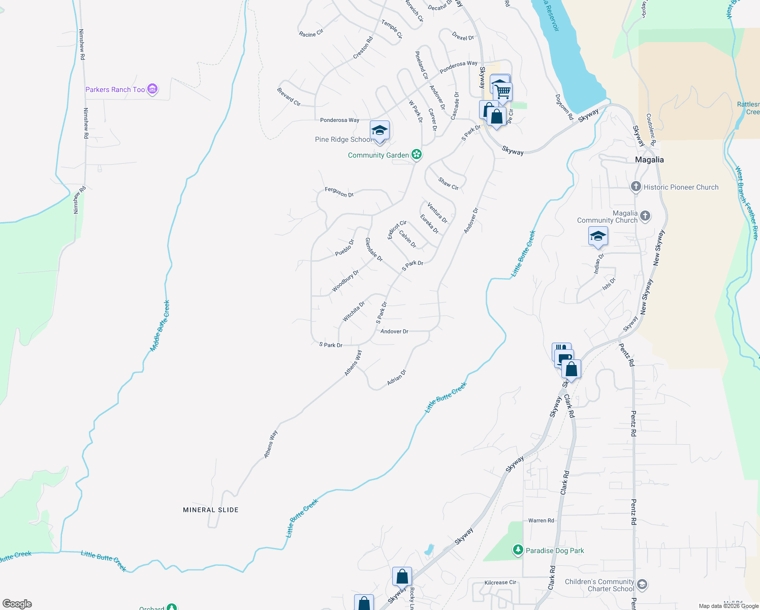 map of restaurants, bars, coffee shops, grocery stores, and more near 13613 South Park Drive in Magalia