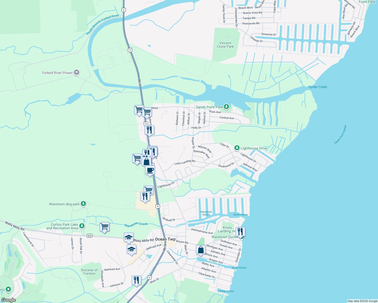 map of restaurants, bars, coffee shops, grocery stores, and more near 14 Douglas Ln in Ocean Township